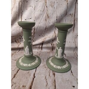 1955 Wedgwood Jasperware Sage Green Candlesticks w/ Neoclassical Figures England